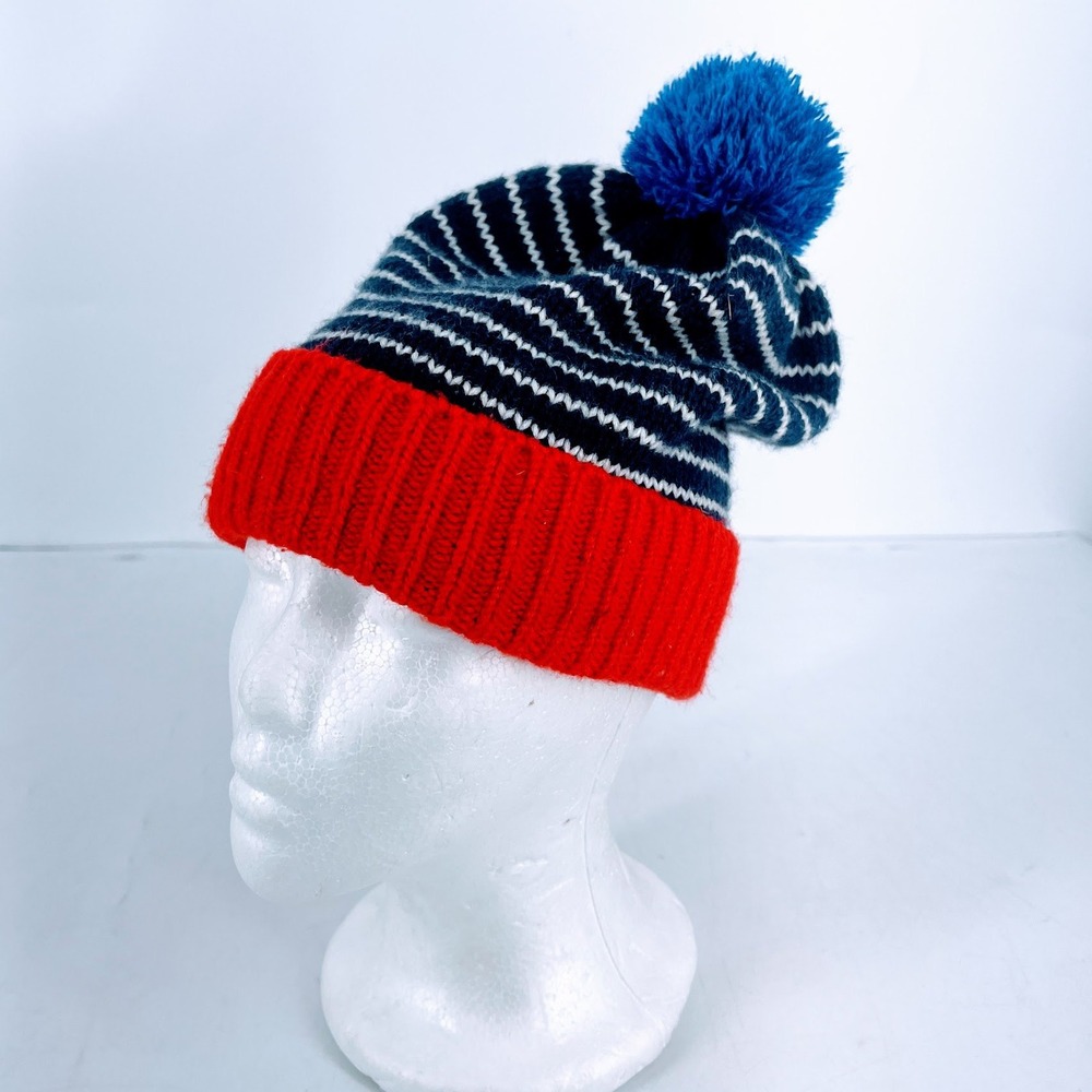 Boden Navy Blue White Striped Knit Pomโ Pom Beanie Winter Hat Ribbed Cuff